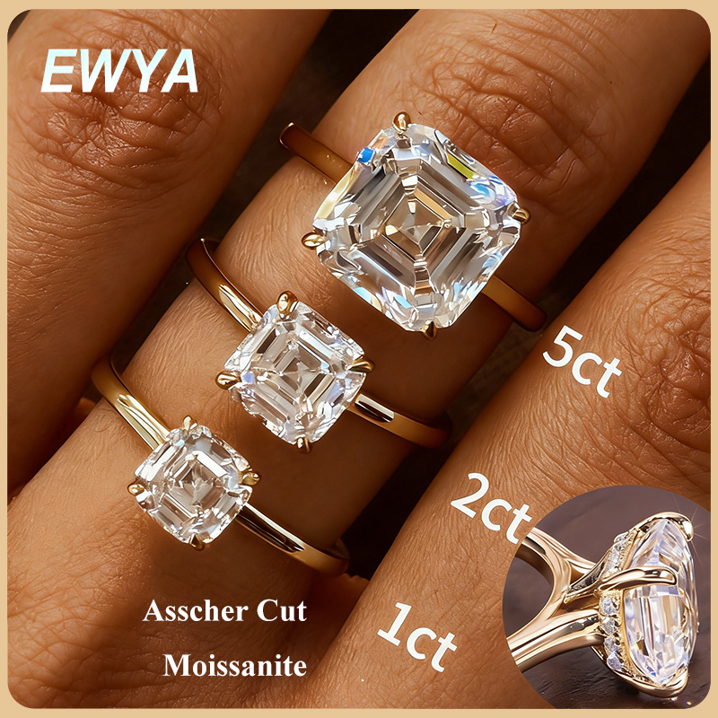 Moissanite Ring - EWYA Asscher Cut 1/2/3/5CT 3EX Moissanite